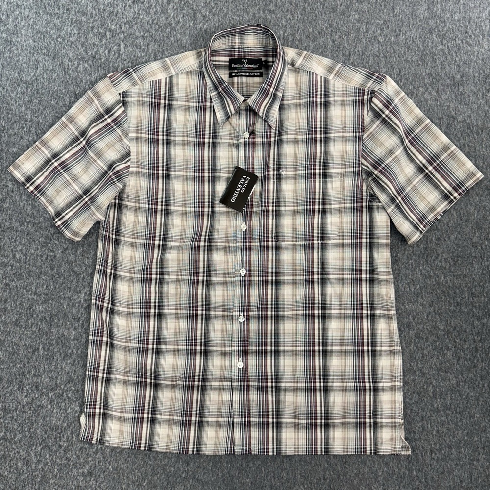 Emilio Valentino Shirt Mens L Plaid Short Sleeve Button Up NWT